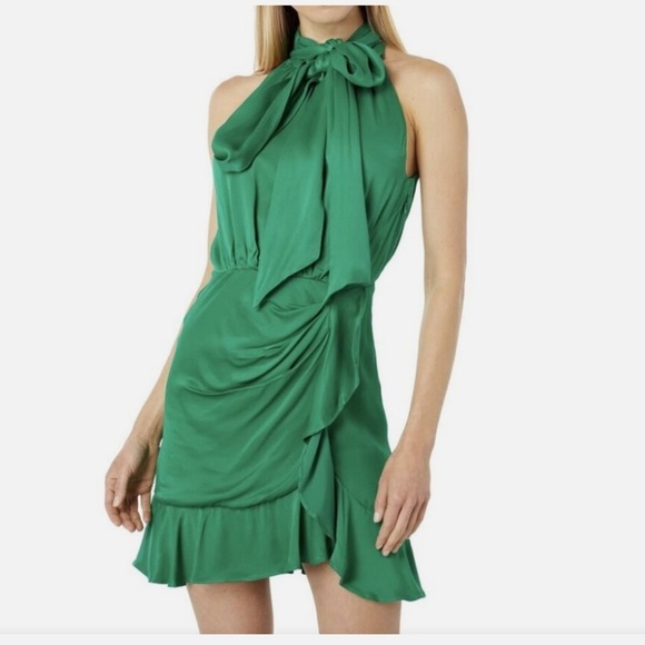 Bardot Etta Tie Neck in Fern Green Sleeveless Mini Dress Size 4 - Picture 1 of 16